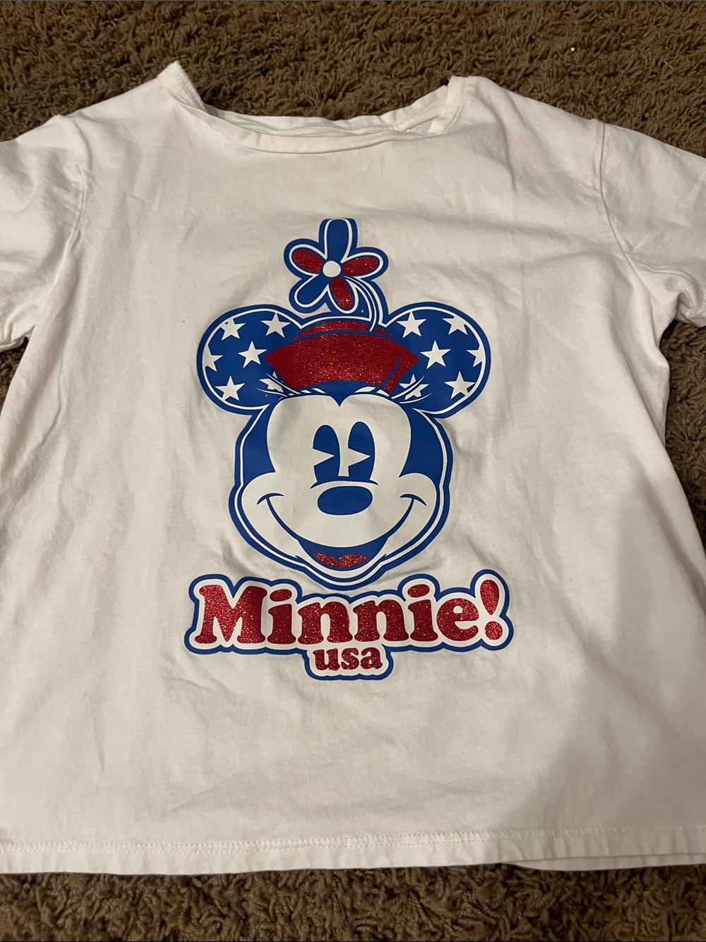 Disney White Tee with Red & Blue Minnie USA Graphic